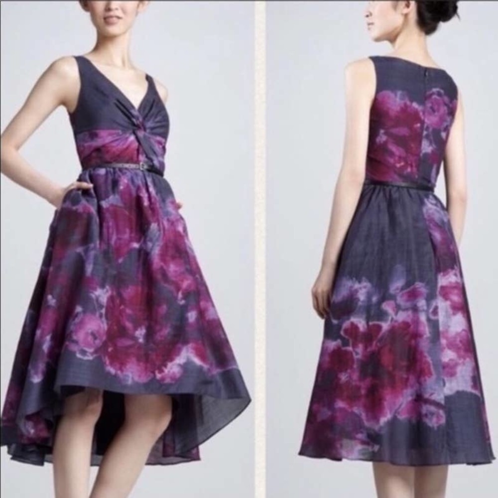 Lela Rose Plum and Charcoal Floral High-Low Dress